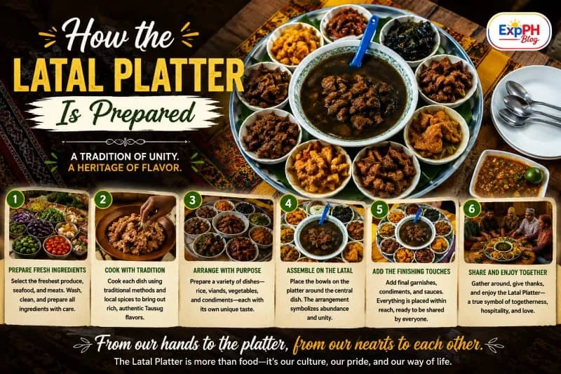 Traditional Tausug Latal Platter being prepared with tiyula itum, native dishes, vegetables, and condiments arranged around a communal platter, showcasing the preparation process and cultural traditions of Sulu.