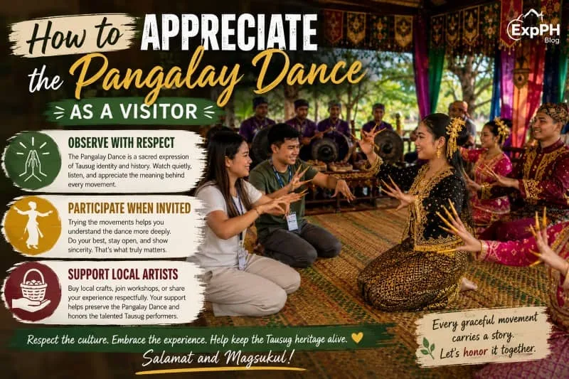 Visitors respectfully learn traditional Pangalay Dance movements from Tausug performers in Sulu during a colorful cultural heritage experience with live music and traditional attire.