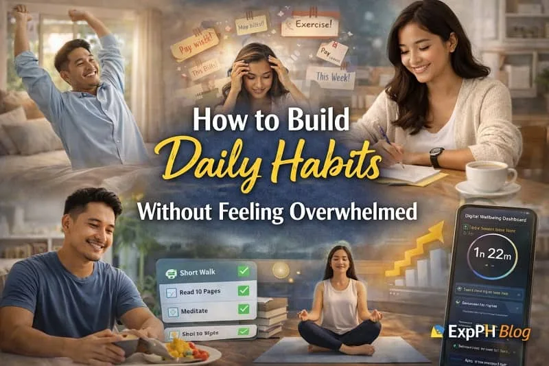Realistic image showing Filipinos building daily habits calmly, including morning stretching, planning tasks in a notebook, completing small habit checklists, meditating, and managing routines without stress.