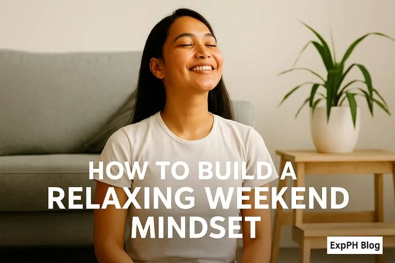 Filipino woman practicing calm breathing at home, representing how to build a relaxing weekend mindset through rest and mental clarity.