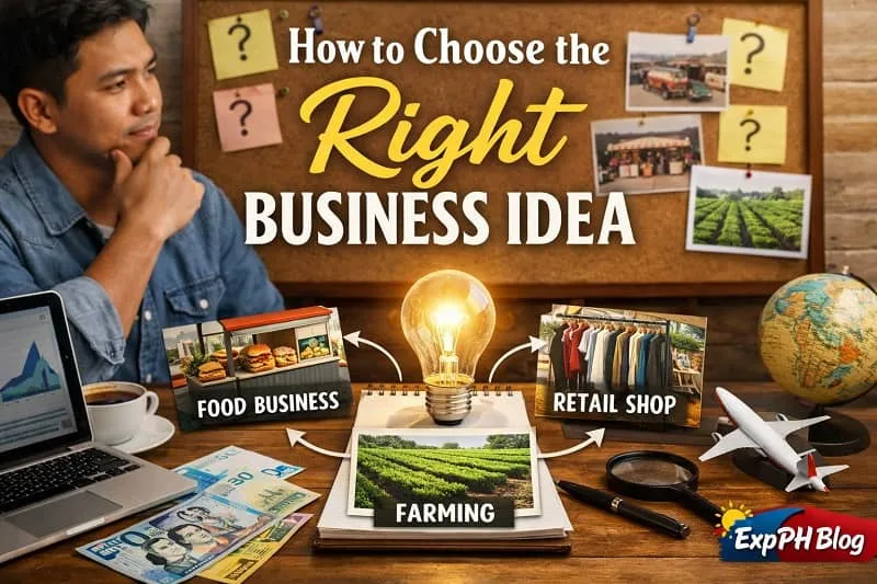 Filipino man planning a business idea with a board of options like food business, retail shop, and farming with a lightbulb concept and ExpPH Blog logo