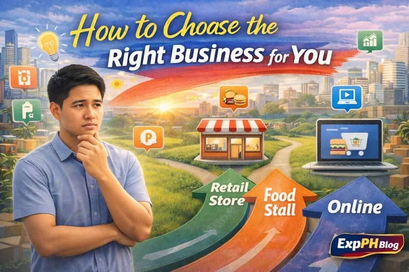 Realistic image showing a Filipino thinking carefully while choosing between retail, food, and online business paths, representing how to choose the right business for you