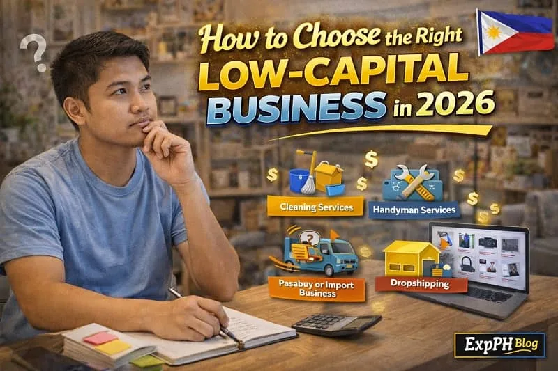 Filipino entrepreneur planning a low-capital business in 2026 with notebook, calculator, and business ideas, featuring ExpPH Blog logo