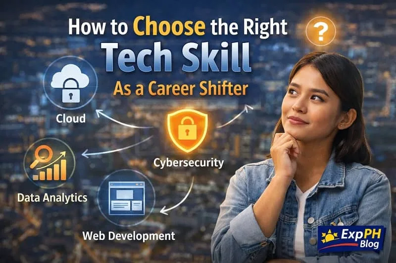 Filipino career shifter thinking about choosing the right tech skill with cloud, cybersecurity, data analytics, and web development icons and ExpPH Blog logo