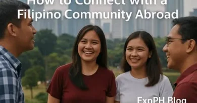 Filipino friends talking and bonding outdoors with a city skyline in the background, representing how to connect with a Filipino Community Abroad.