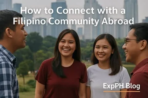 Filipino friends talking and bonding outdoors with a city skyline in the background, representing how to connect with a Filipino Community Abroad.