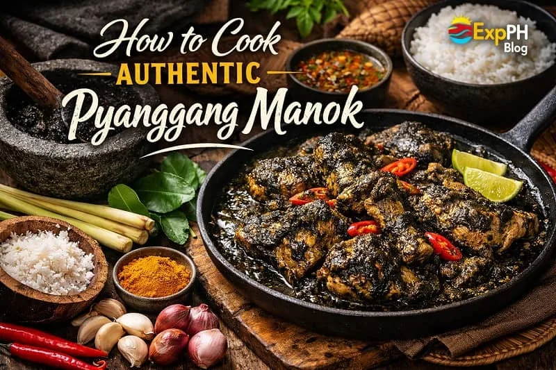 Authentic Pyanggang Manok cooked in a black pan with burnt coconut sauce, turmeric, chilies, and Filipino ingredients, featuring ExpPH Blog logo