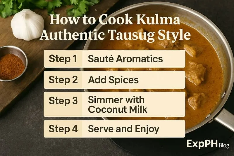 A realistic pot of Tausug Kulma simmering in rich coconut curry with spices, garlic, herbs, and the ExpPH Blog logo included.
