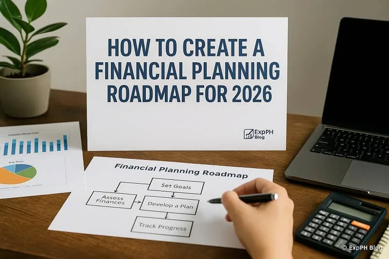 A realistic financial planning workspace showing charts, a laptop, a flowchart labeled “Financial Planning Roadmap”, and the ExpPH Blog logo beside a sign titled “How to Create a Financial Planning Roadmap for 2026”.