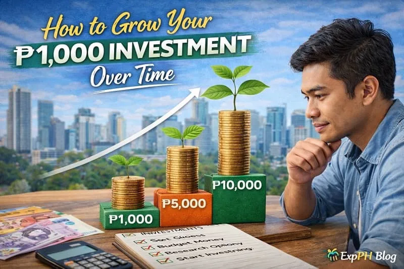 Filipino investor observing ₱1,000 growing into larger investments with stacked coins, plants, calculator, peso bills, and ExpPH Blog logo