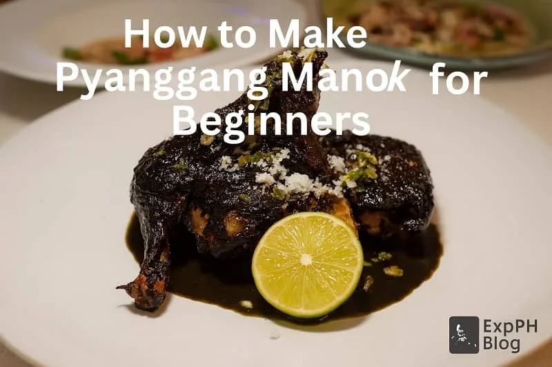 A realistic plate of Pyanggang Manok with lime garnish and the ExpPH Blog logo.