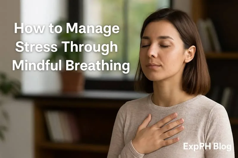Woman practicing mindful breathing with hand on chest for stress relief