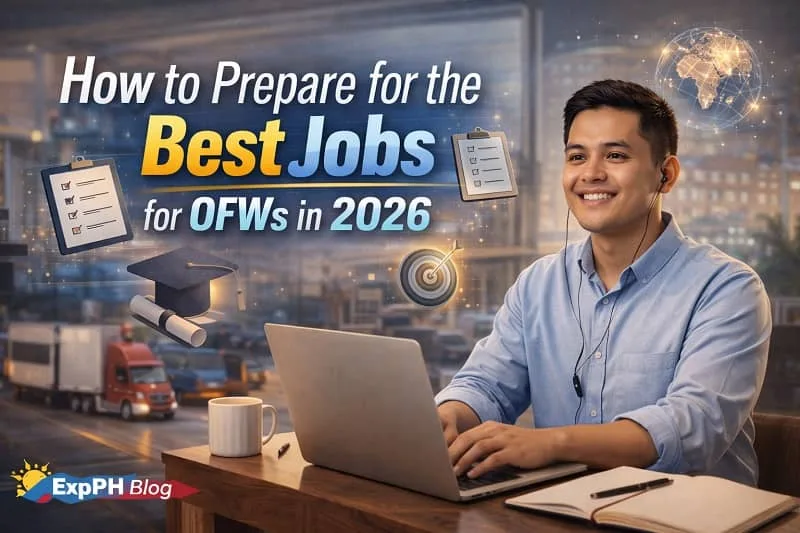 Filipino professional preparing for overseas work using a laptop with checklist icons and How to Prepare for the Best Jobs for OFWs in 2026 text and ExpPH Blog logo.
