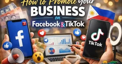 A realistic image showing a Filipino entrepreneur using a laptop and smartphones displaying Facebook and TikTok apps, with social media icons, engagement reactions, Philippine peso bills, and a small ExpPH Blog logo, highlighting business promotion online.