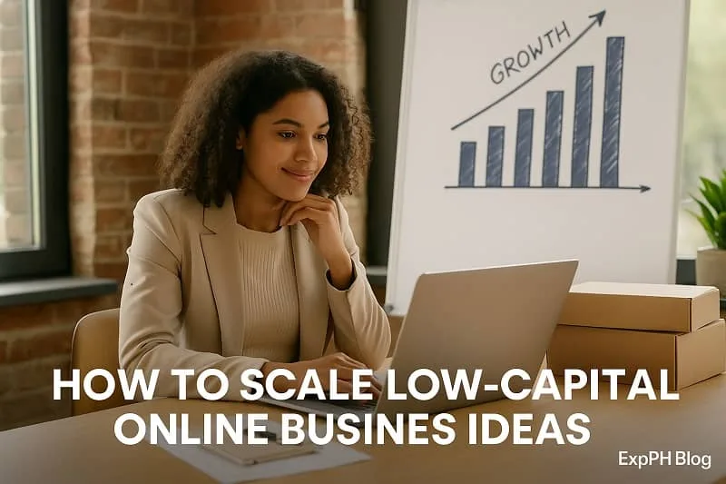 Entrepreneur working on a laptop with a growth chart representing how to scale low capital online business ideas