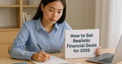 A realistic photo of a woman creating her financial plan for 2026 at a desk with documents, a notebook, and a laptop showing the title "How to Set Realistic Financial Goals for 2026" with the ExpPH Blog logo.