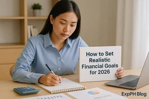 A realistic photo of a woman creating her financial plan for 2026 at a desk with documents, a notebook, and a laptop showing the title "How to Set Realistic Financial Goals for 2026" with the ExpPH Blog logo.