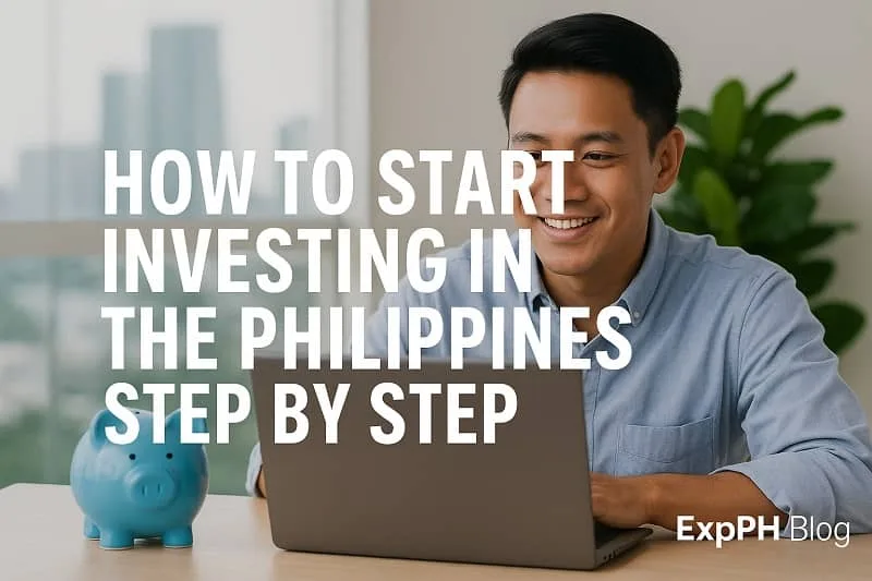 Realistic image of a Filipino man using a laptop with a piggy bank on the table, city background, and ExpPH Blog logo, representing a step by step guide to starting investing in the Philippines.