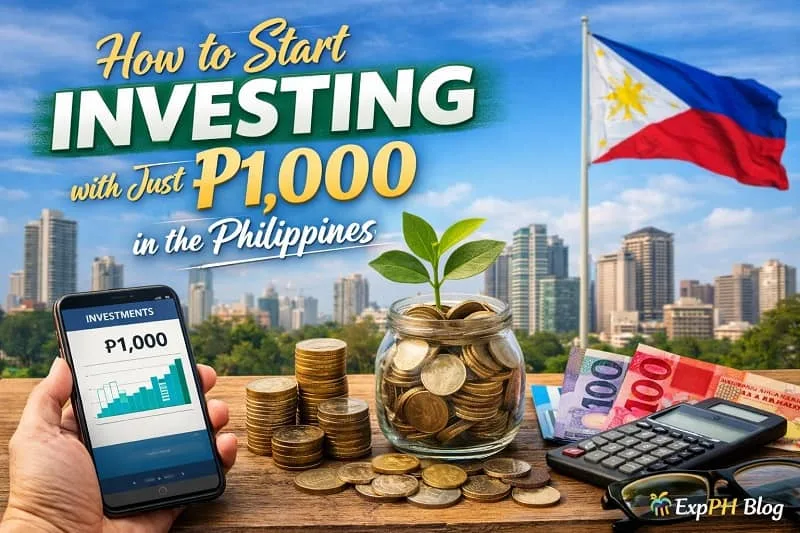 Filipino beginner investing ₱1,000 using mobile app, coins, calculator, and Philippine flag background with ExpPH Blog logo displayed