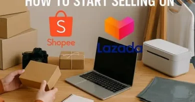 Realistic workspace showing Shopee and Lazada selling setup for an Online Selling Guide