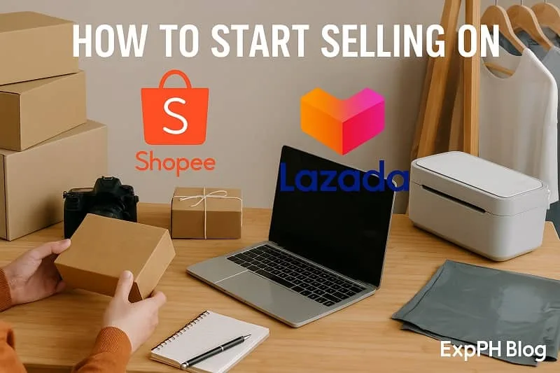 Realistic workspace showing Shopee and Lazada selling setup for an Online Selling Guide