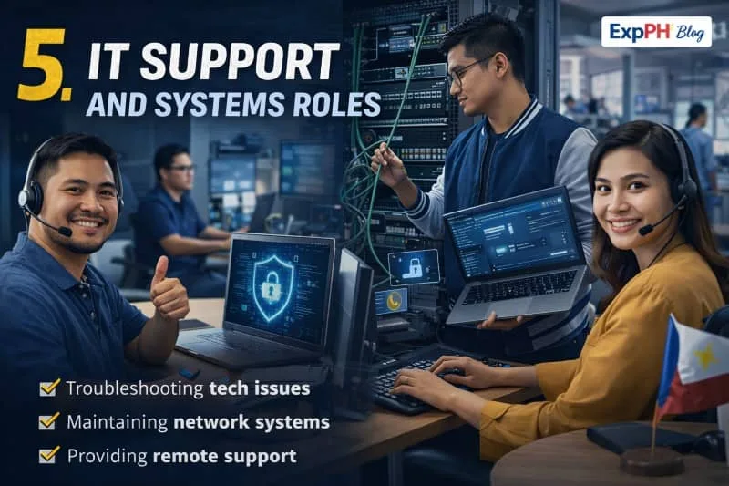 Filipino IT support professionals managing systems, troubleshooting technical issues, and maintaining networks in a modern workplace