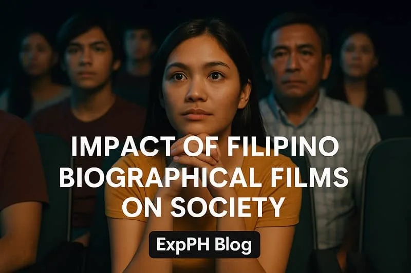 A realistic image of Filipino moviegoers watching a biographical film inside a cinema, highlighting the impact of Filipino biographical films on society, with the ExpPH Blog logo included.