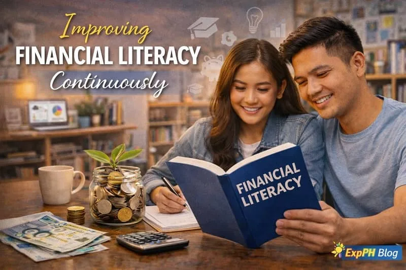 Improving financial literacy continuously showing a Filipino couple reading a financial literacy book with savings, calculator, and ExpPH Blog logo