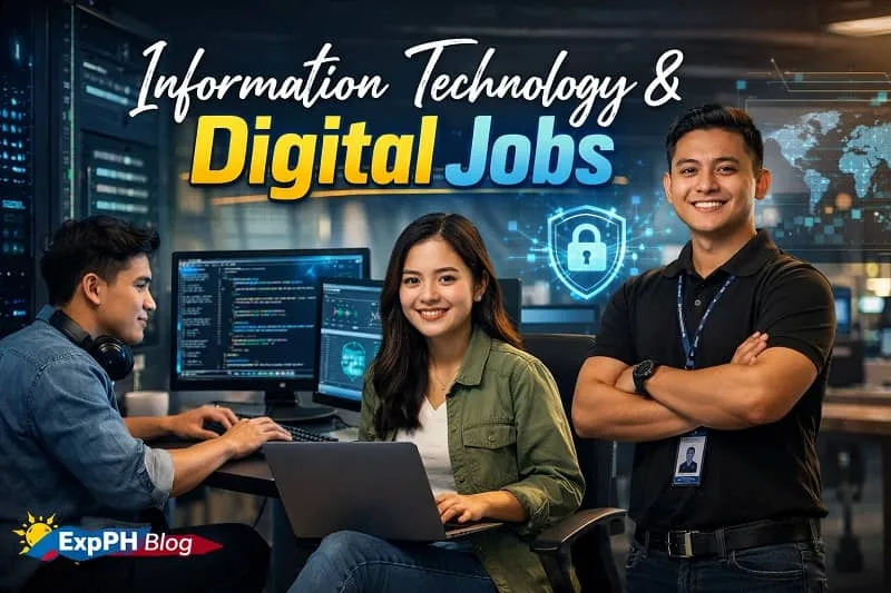Filipino IT professionals working in a modern office with computers, coding screens, and cybersecurity graphics, featuring Information Technology and Digital Jobs text and ExpPH Blog logo.