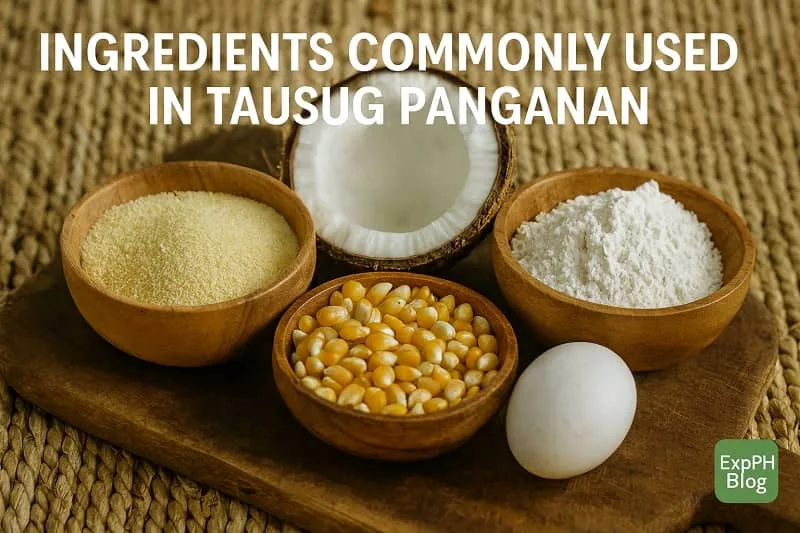 Ingredients used in Tausug Panganan including corn powder, grated coconut, flour, and deep fried Panganan rings, displayed with ExpPH Blog logo.