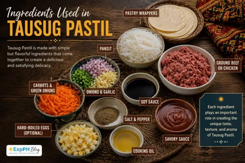 Ingredients Used in Tausug Pastil featuring pansit, ground meat, onions, garlic, carrots, green onions, soy sauce, savory sauce, cooking oil, pastry wrappers, and other traditional ingredients used to prepare the famous Tausug pastry from Sulu.