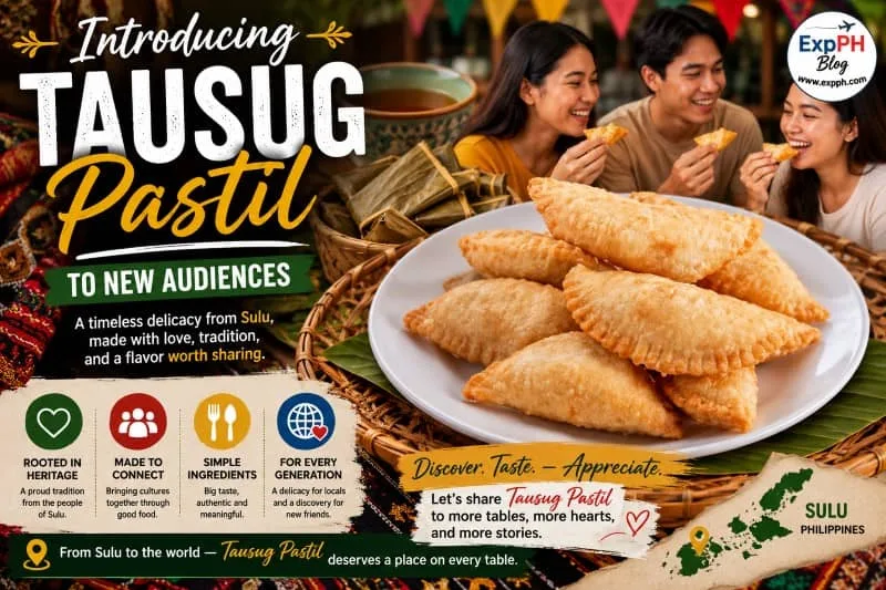 Traditional Tausug pastil served on a white plate with colorful Sulu-inspired cultural textiles in the background, promoting Filipino heritage and introducing this beloved delicacy to new audiences, with the ExpPH Blog logo displayed.