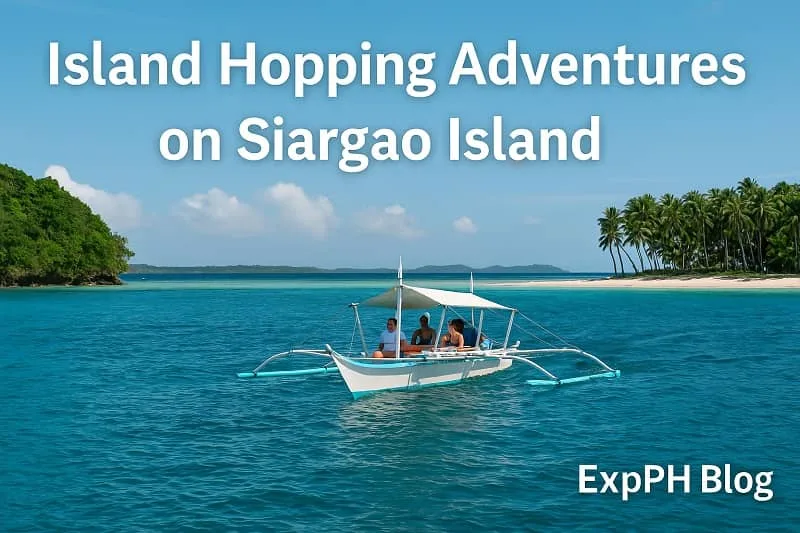 Traditional island hopping boat on turquoise water in Siargao Island with ExpPH Blog logo