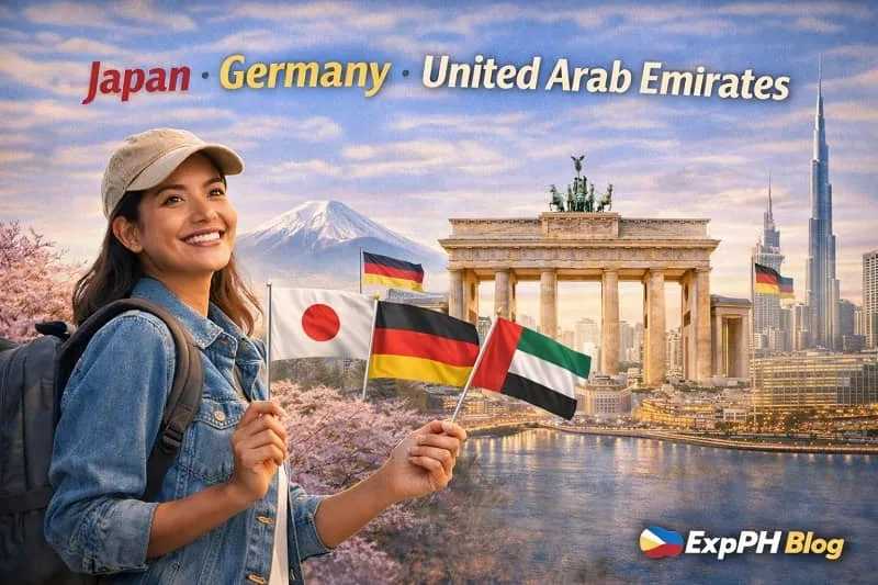 Filipina OFW positioned on the left holding flags of Japan, Germany, and the United Arab Emirates, with Mount Fuji, Brandenburg Gate, and Burj Khalifa in the background, featuring the ExpPH Blog logo.