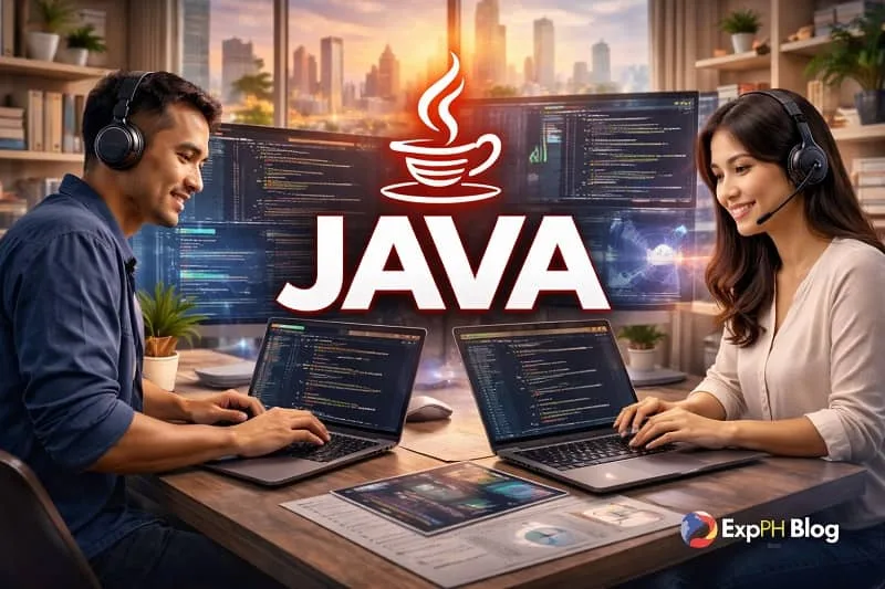 Filipino professionals coding Java on laptops in a modern workspace, showing enterprise development, backend systems, and global career opportunities with the ExpPH Blog logo.