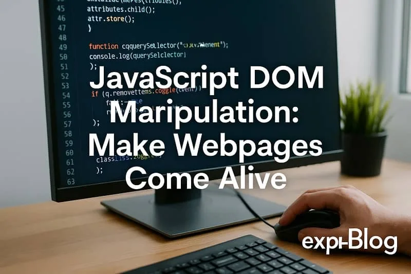 Realistic computer screen showing JavaScript code with ExpPH Blog logo for DOM manipulation tutorial