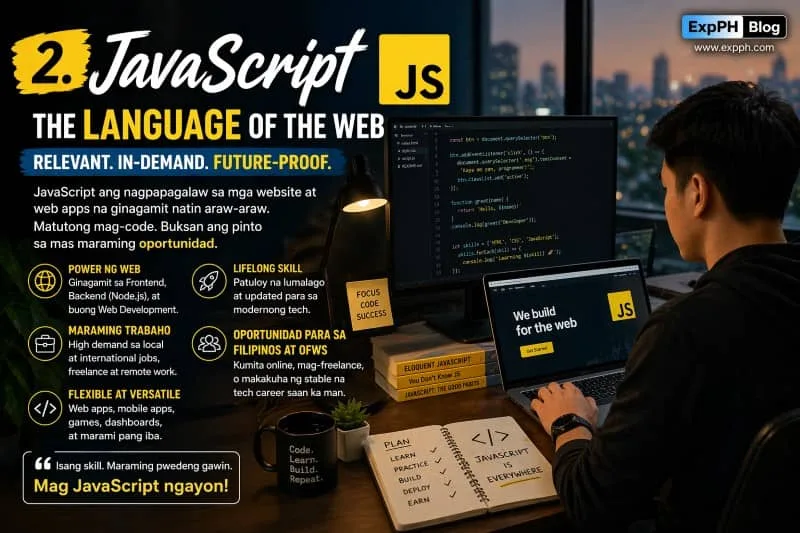 A Filipino developer working on JavaScript code on a laptop in a modern workspace, with bold mixed-font typography highlighting JavaScript as the language of the web and ExpPH Blog logo visible.