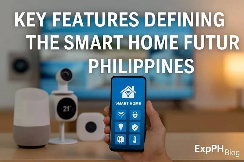 Hand holding a smartphone controlling smart home devices with various smart gadgets displayed, featuring the ExpPH Blog logo.