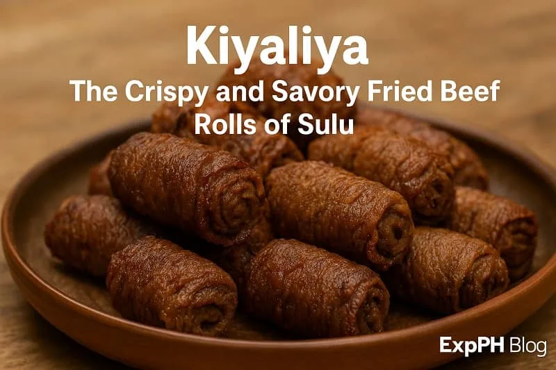 A realistic plate of Kiyaliya, crispy fried beef rolls from Sulu, served on a wooden dish with the ExpPH Blog logo displayed in the corner.