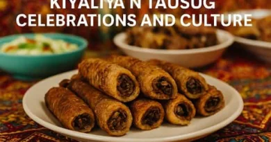 A realistic plate of Kiyaliya served during a Tausug celebration, surrounded by traditional dishes and cultural patterns, with the ExpPH Blog logo displayed.