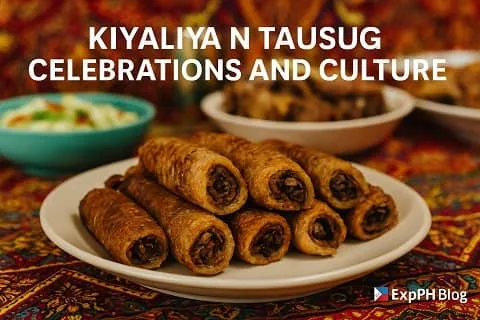 A realistic plate of Kiyaliya served during a Tausug celebration, surrounded by traditional dishes and cultural patterns, with the ExpPH Blog logo displayed.