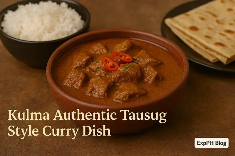 A realistic bowl of Kulma Tausug curry with tender beef, coconut rich sauce, rice, flatbread, and ExpPH Blog logo.