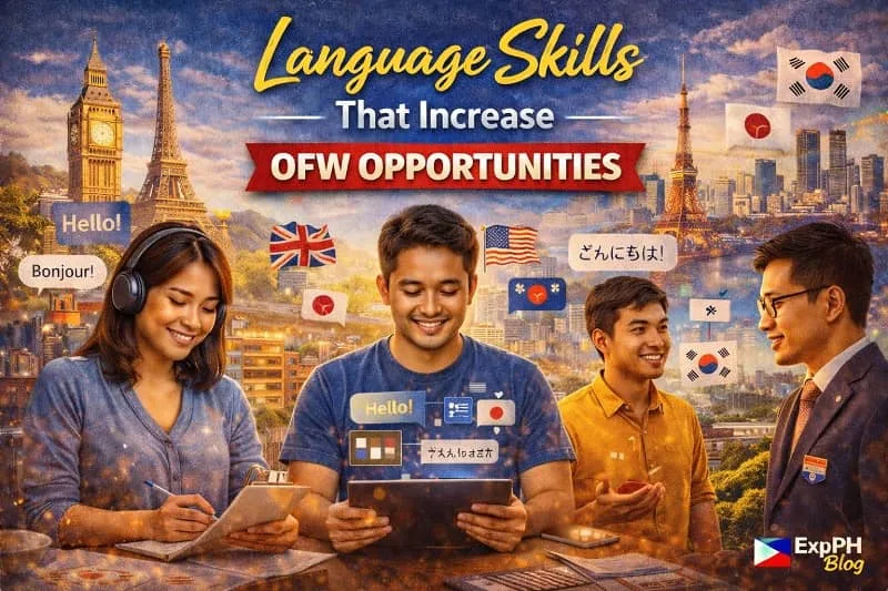 Filipino OFWs learning and practicing different languages using digital tools, showing how language skills increase job opportunities and career growth abroad