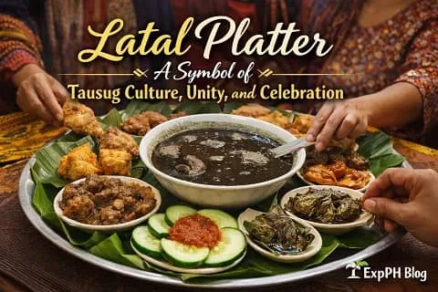 Traditional Tausug latal platter served on a banana leaf lined tray with tiyula itum, fried dishes, vegetables, and shared communal setup in Sulu