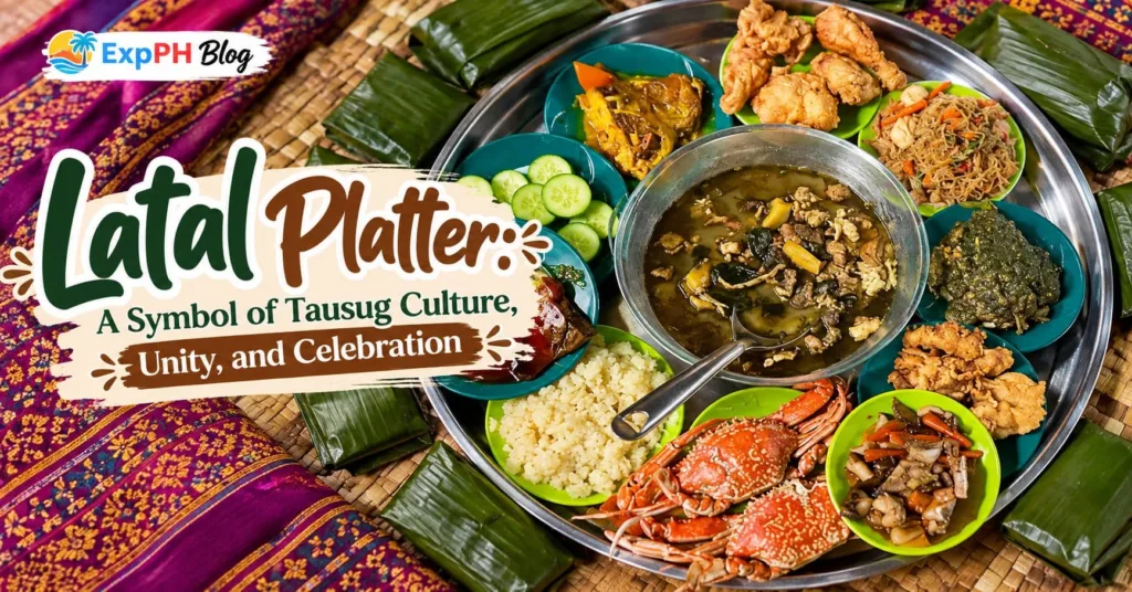 A traditional Tausug latal platter from Sulu featuring rice, seafood, fried dishes, vegetables, soup, and banana-leaf-wrapped foods arranged on a large communal tray.