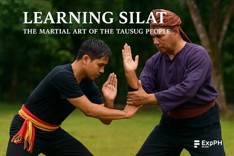 Two Tausug martial artists practicing realistic Silat techniques outdoors with the ExpPH Blog logo.