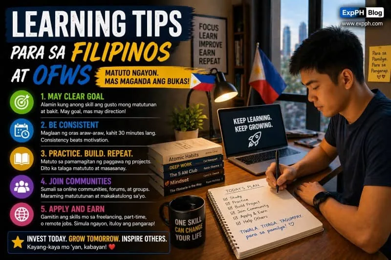 A Filipino learner studying at a desk with a laptop and notes, featuring bold mixed-font typography about learning tips for Filipinos and OFWs, with ExpPH Blog logo.