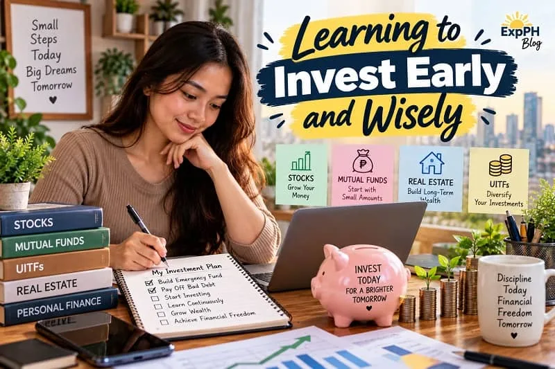 Young Filipina learning about investing at a desk with a laptop, financial books, a notebook, a pink piggy bank, and stacks of coins, with infographic panels highlighting stocks, mutual funds, real estate, and UITFs.