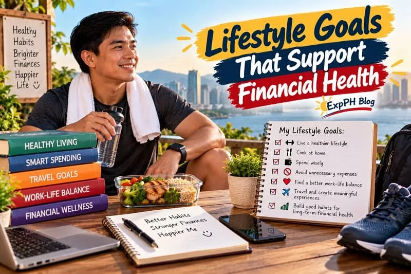 A young Filipino man enjoying a healthy lifestyle beside a nutritious meal, water bottle, laptop, and financial planning checklist, with books about smart spending and the ExpPH Blog logo.