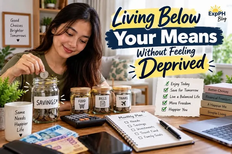 Filipina woman putting a coin into a savings jar at home, with jars labeled for food, bills, travel, and savings, alongside a monthly budget notebook, calculator, Philippine peso bills, and the ExpPH Blog logo.